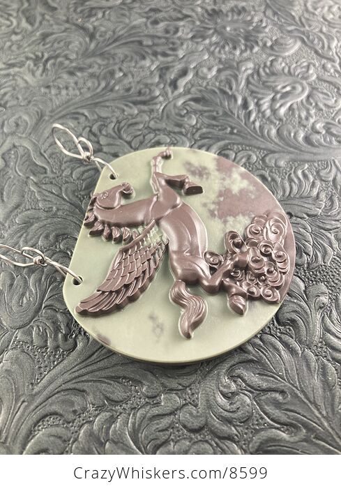 Flying Pegasus Horse Carved in Brown Jasper Stone Jewelry Pendant - #24ZbrgS072M-4