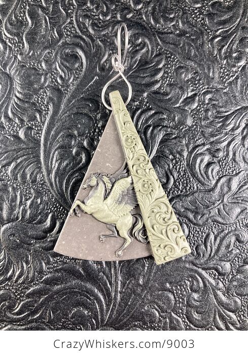 Flying Pegasus Horse Carved in Brown Jasper Stone Jewelry Pendant - #56CmHwE7llc-2