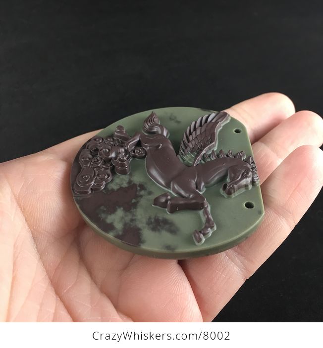 Flying Pegasus Horse Carved in Brown Ribbon Jasper Stone Jewelry Pendant - #bQTl1yn4CI8-3