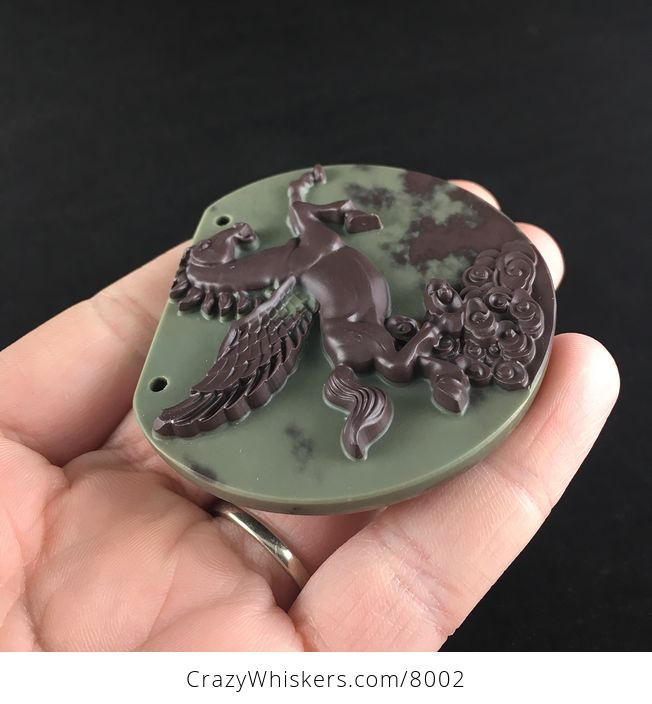 Flying Pegasus Horse Carved in Brown Ribbon Jasper Stone Jewelry Pendant - #bQTl1yn4CI8-4