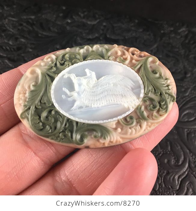 Flying Pegasus Horse Carved in Mother of Pearl Shell and Set in Green and Beige Ribbon Jasper Stone Jewelry Pendant - #bwWBFzm22M8-3