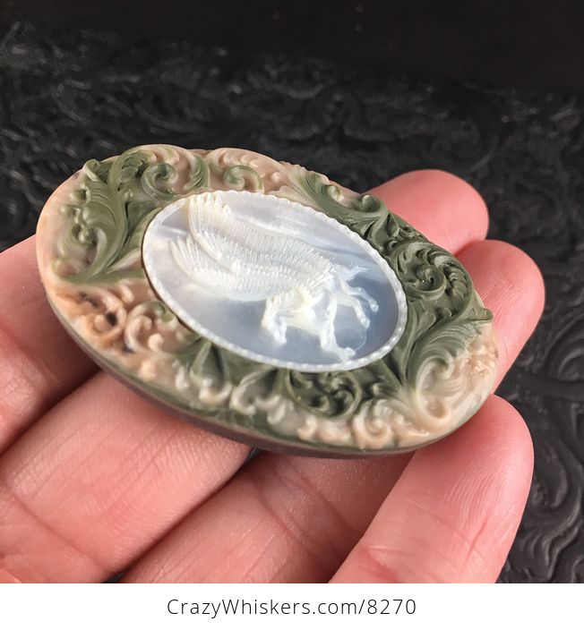 Flying Pegasus Horse Carved in Mother of Pearl Shell and Set in Green and Beige Ribbon Jasper Stone Jewelry Pendant - #bwWBFzm22M8-4