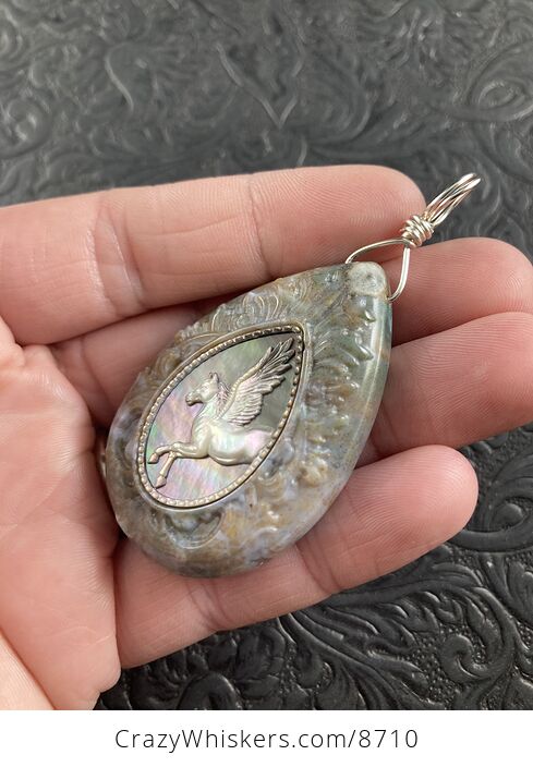 Flying Pegasus Horse Carved in Mother of Pearl Shell and Set in Moss Agate Stone Crystal Jewelry Pendant Mini Art Ornament - #6NjmM8u7Uus-2