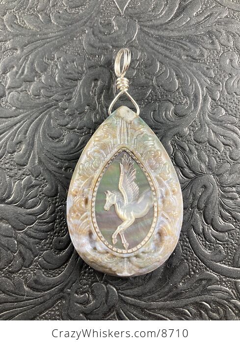 Flying Pegasus Horse Carved in Mother of Pearl Shell and Set in Moss Agate Stone Crystal Jewelry Pendant Mini Art Ornament - #6NjmM8u7Uus-4