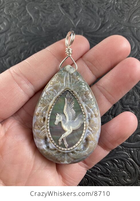 Flying Pegasus Horse Carved in Mother of Pearl Shell and Set in Moss Agate Stone Crystal Jewelry Pendant Mini Art Ornament - #6NjmM8u7Uus-1