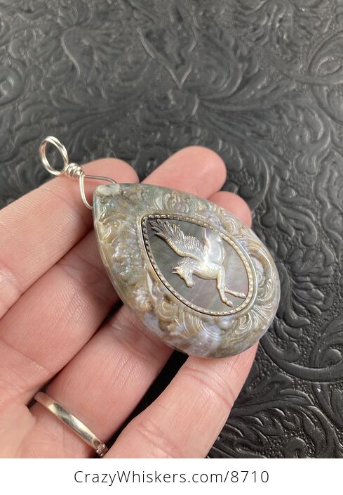 Flying Pegasus Horse Carved in Mother of Pearl Shell and Set in Moss Agate Stone Crystal Jewelry Pendant Mini Art Ornament - #6NjmM8u7Uus-3