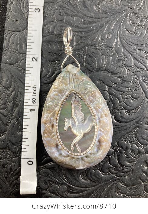 Flying Pegasus Horse Carved in Mother of Pearl Shell and Set in Moss Agate Stone Crystal Jewelry Pendant Mini Art Ornament - #6NjmM8u7Uus-5