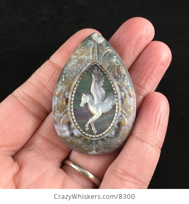 Flying Pegasus Horse Carved in Mother of Pearl Shell and Set in Moss Agate Stone Jewelry Pendant - #oKd6nsv8kf8-1