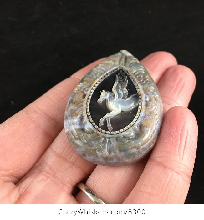 Flying Pegasus Horse Carved in Mother of Pearl Shell and Set in Moss Agate Stone Jewelry Pendant - #oKd6nsv8kf8-2