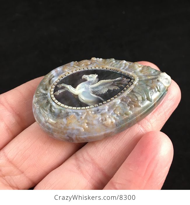 Flying Pegasus Horse Carved in Mother of Pearl Shell and Set in Moss Agate Stone Jewelry Pendant - #oKd6nsv8kf8-3