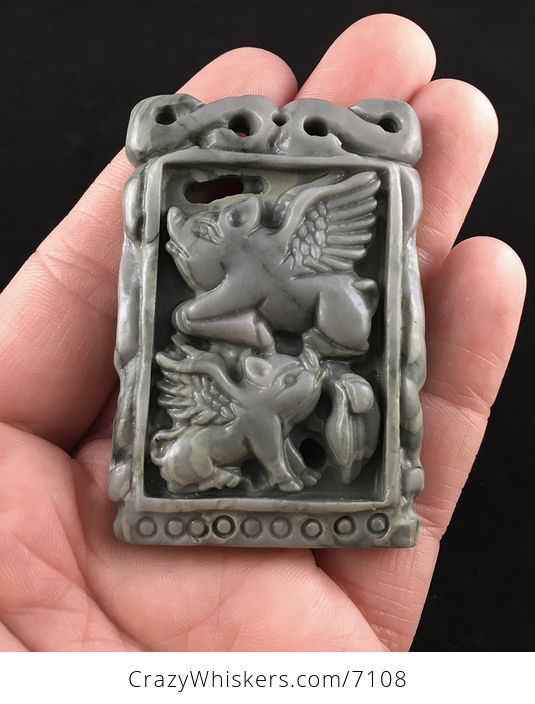 Flying Pigs Carved Ribbon Jasper Stone Pendant Jewelry - #Eyq0YlNNb68-1