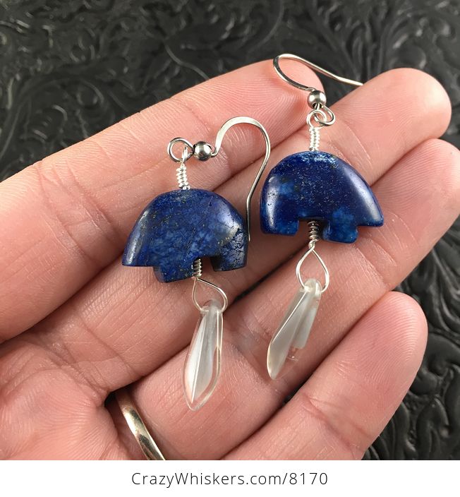 For Juniper Lapis Lazuli Bear and Opaque Gray Dagger Earrings with Silver Wire - #oaRRo3dUFlk-1