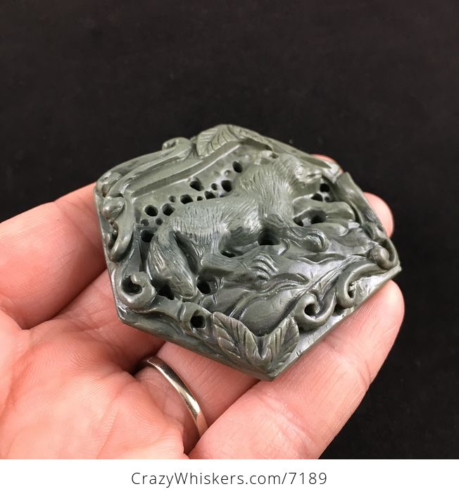 Fox Carved Ribbon Jasper Stone Pendant Jewelry - #ESpnoPyxGXA-4
