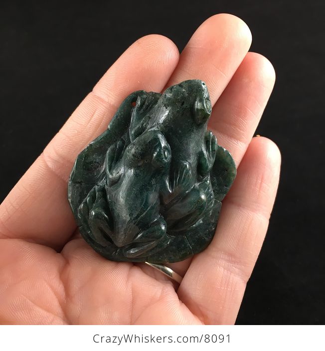 Frog Couple on a Lily Pad Carved Indian Agate Stone Pendant Jewelry - #g2Sza0lfTsw-1