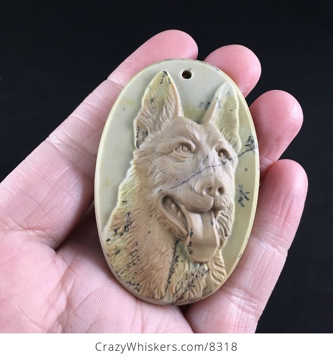 German Sheperd Dog Carved Ribbon Jasper Stone Pendant Jewelry - #d7yJip3TNQU-1