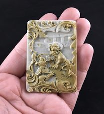 Gladiator Battling a Lion Carved Ribbon Jasper Stone Mini Art Pendant Jewelry #Zfakns2SP1g