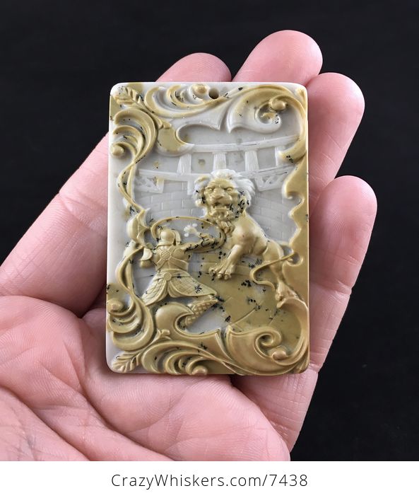 Gladiator Battling a Lion Carved Ribbon Jasper Stone Mini Art Pendant Jewelry - #Zfakns2SP1g-1