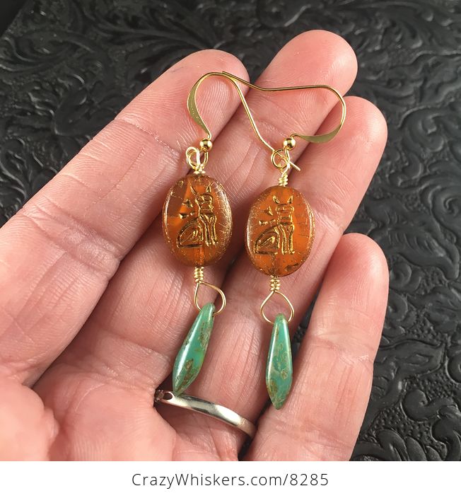Gold and Orange Glass Kitty Cat and Dagger Earrings - #p6abXrEYGTI-1