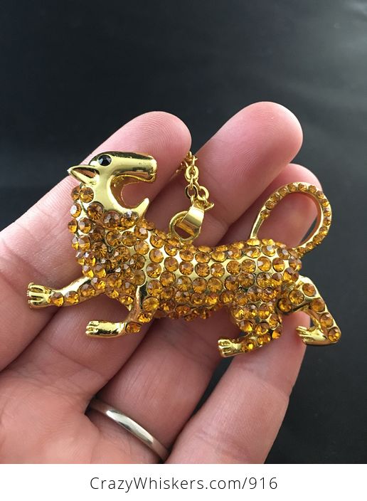 Gold Tone and Rhinestone Angry Big Cat Pendant - #6fTPviqoVKo-1
