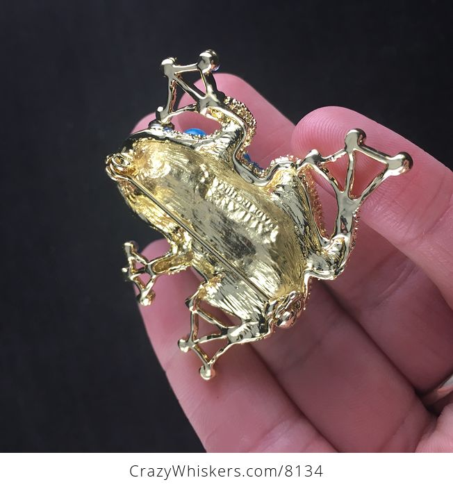 Gold Tone Frog Brooch Pin with Blue Stones and Rinestones - #IGihbfvVqfo-6