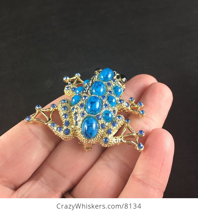 Gold Tone Frog Brooch Pin with Blue Stones and Rinestones - #IGihbfvVqfo-2