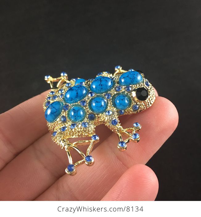 Gold Tone Frog Brooch Pin with Blue Stones and Rinestones - #IGihbfvVqfo-3