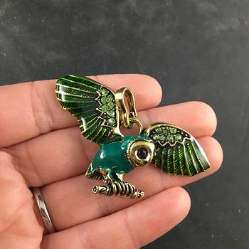 Green and Teal Enamel and Rhinestone Flying or Landing Owl Jewelry Pendant #qjzPoAkkSus