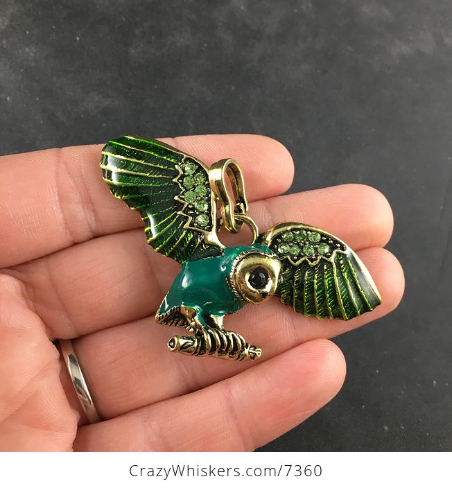 Green and Teal Enamel and Rhinestone Flying or Landing Owl Jewelry Pendant - #qjzPoAkkSus-1