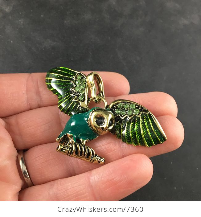 Green and Teal Enamel and Rhinestone Flying or Landing Owl Jewelry Pendant Necklace - #qjzPoAkkSus-2