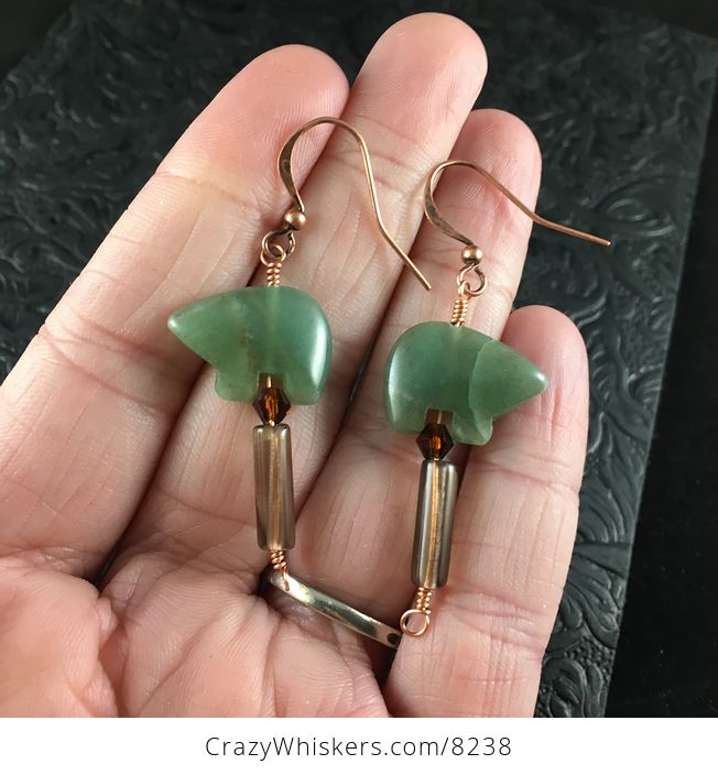 Green Aventurine Bear and Smoky Quartz Earrings with Copper Wire - #jdf8VFxcolI-1