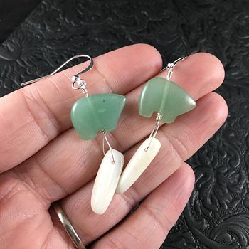 Green Aventurine Bear and White Jade Earrings with Silver Wire #1By2BRWK2Sw