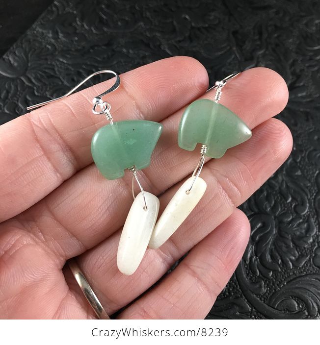 Green Aventurine Bear and White Jade Earrings with Silver Wire - #1By2BRWK2Sw-1