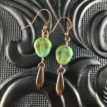 Green Blue and Brown Trilobites and Black and Bronze Feather Patterned Dagger Earrings with Copper Wire #qwYrKCVXGtw