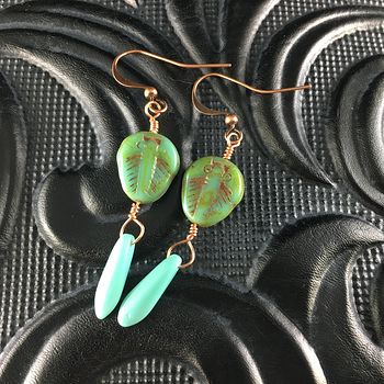 Green Blue and Brown Trilobites and Turquoise Blue Dagger Earrings with Copper Wire #XRXAPIUBERo