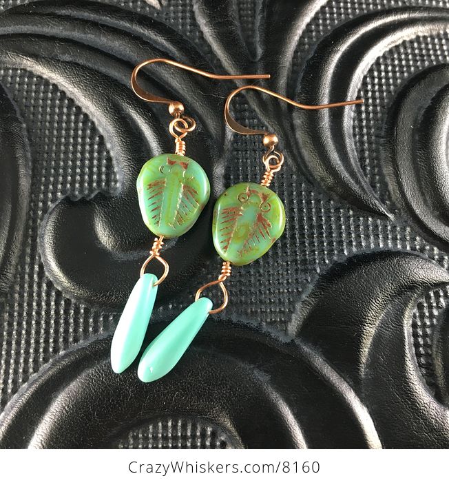 Green Blue and Brown Trilobites and Turquoise Blue Dagger Earrings with Copper Wire - #XRXAPIUBERo-1