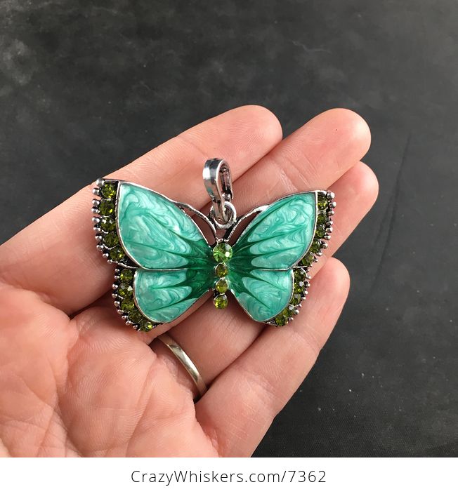 Green Butterfly Rhinesone and Pearlescent Enamel Jewelry Necklace Pendant - #2WiGXKSwxdk-2