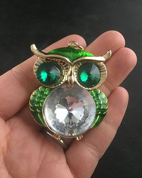 Green Crystal Rhinestone and Gold Tone Owl Pendant #2caT0QYf884