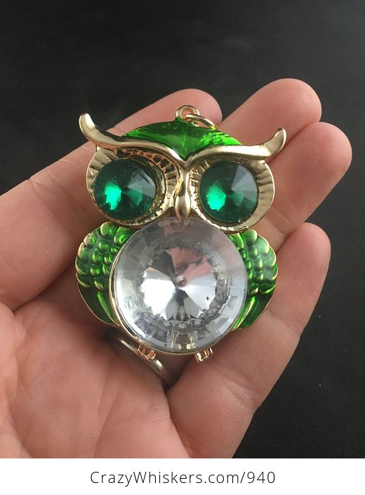 Green Crystal Rhinestone and Gold Tone Owl Pendant - #2caT0QYf884-1