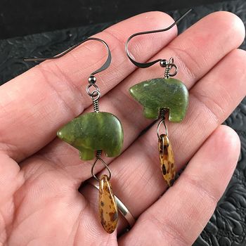 Green Nephrite Jade Bear and Brown Dagger Earrings with Black Wire #xd7YXV2AhT0