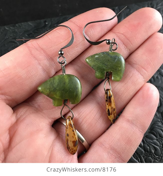 Green Nephrite Jade Bear and Brown Dagger Earrings with Black Wire - #xd7YXV2AhT0-1