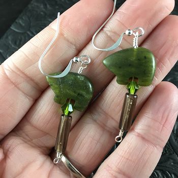 Green Nephrite Jade Bear and Smoky Quartz Earrings with Silver Wire #FQUwpzEQ09w