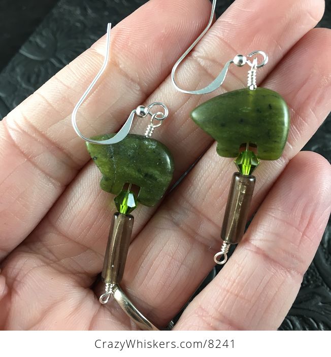 Green Nephrite Jade Bear and Smoky Quartz Earrings with Silver Wire - #FQUwpzEQ09w-1