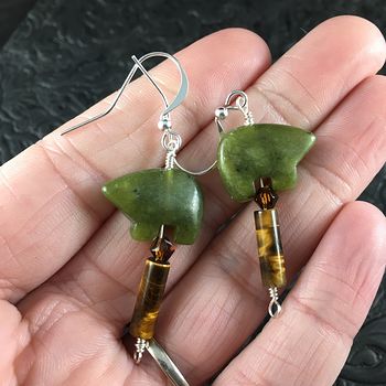 Green Nephrite Jade Bear and Tigers Eye Earrings with Silver Wire #cbhdq63ekx4