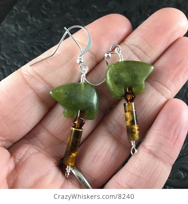 Green Nephrite Jade Bear and Tigers Eye Earrings with Silver Wire - #cbhdq63ekx4-1
