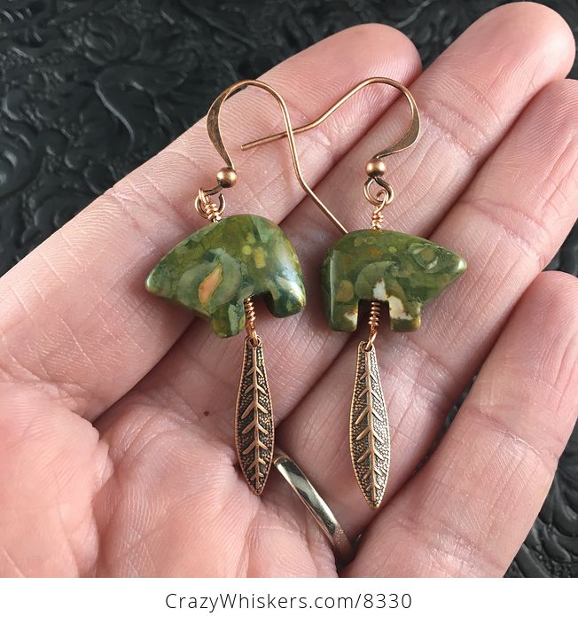 Green Rhyolite Bear and Antique Copper Metal Leaf Earrings - #bOGAXRfrofA-1