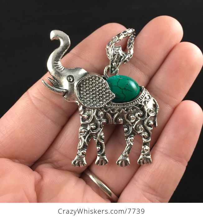 Green Stone and Silver Elephant Necklace Bracelet and Earrings Jewelry Set - #1frZyAOAr9k-2