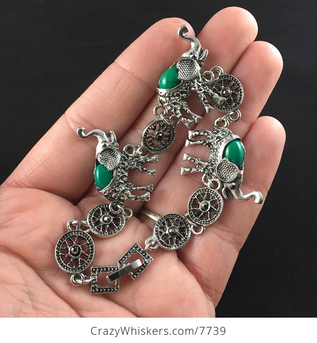Green Stone and Silver Elephant Necklace Bracelet and Earrings Jewelry Set - #1frZyAOAr9k-5