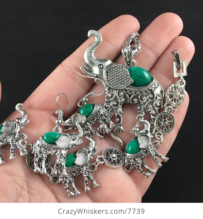 Green Stone and Silver Elephant Necklace Bracelet and Earrings Jewelry Set - #1frZyAOAr9k-1