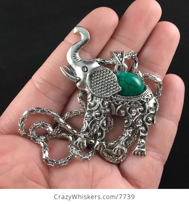 Green Stone and Silver Elephant Necklace Bracelet and Earrings Jewelry Set - #1frZyAOAr9k-3