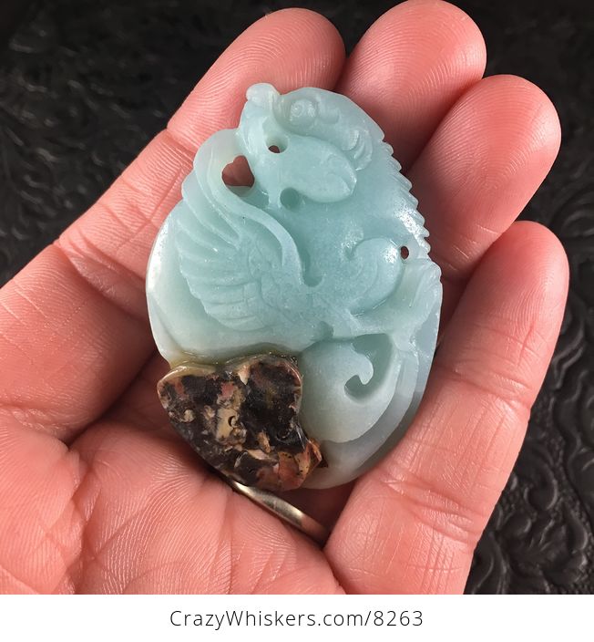 Griffin Gryphon Griffon Carved Blue and Brown Amazonite Stone Pendant Jewelry - #VOU3u1HVncs-1